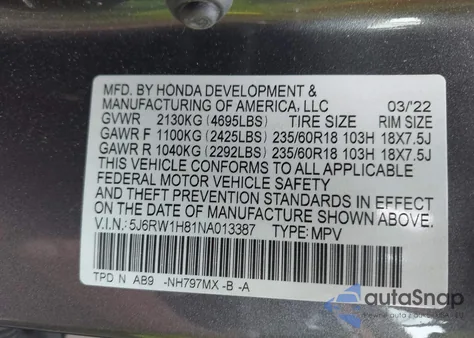 2022 Honda Cr-V 2Wd Ex-L из США, поврежденный, VIN 5J6RW1H81NA013387